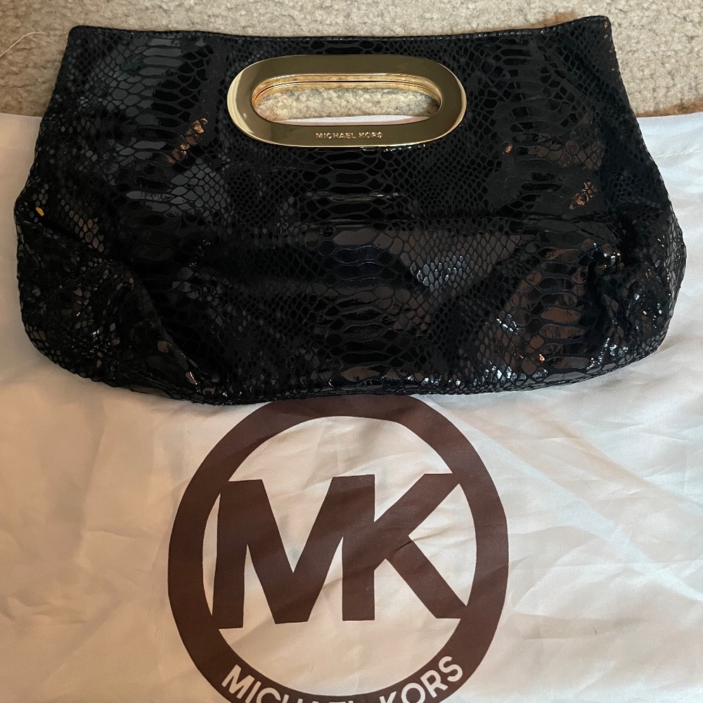 MICHAEL KORS MK Black Snakeskin Gold Handle Clutch Purse
